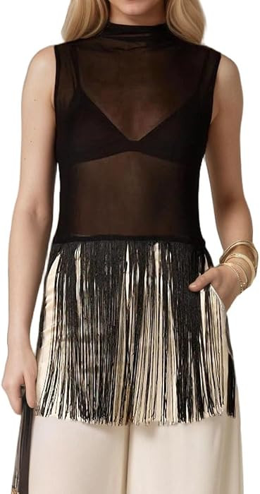 Women Y2k Mock Neck Fringe Trim Sheer Mesh Tank Shirt Slim Fit See Through Sleeveless Turtleneck ... | Amazon (US)