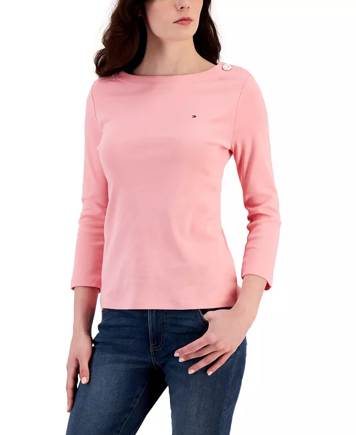 Women's Cotton 3/4-Sleeve Boat-Neck Top | Macys (US)
