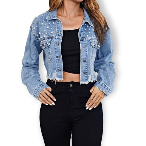 AprPith Summer Pearl Denim Jacket for Women Cropped Distressed Jean Jacket for Women Trendy Long Sleeve | Amazon (US)