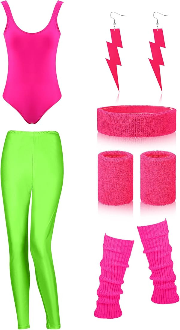Women 80s Workout Costume Outfit Accessories Set Leggings Headband Wristbands Leg Warmers Earrings f | Amazon (US)