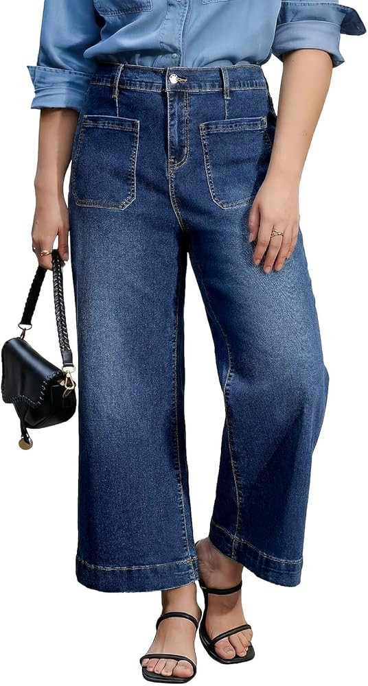 Eytino Plus Size Jeans for Curvy Women High Waisted Wide Leg Stretchy Straight Leg Ankle Denim Pa... | Amazon (US)