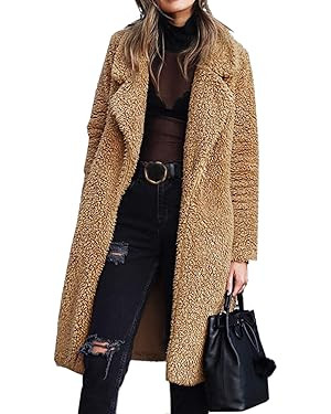Angashion Women's Fuzzy Fleece Lapel Open Front Long Cardigan Coat Faux Fur Warm Winter Outwear J... | Amazon (US)