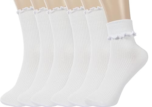 BomKinta Ruffle Socks Women Lightweight Cotton Sock Turn-Cuff Frilly Sock Casual Athletic Crew Socks Gifts White 6 Pairs Size 5-10 | Amazon (US)