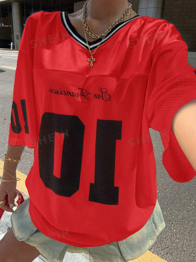 SHEIN Muchic Women Minimalist Color Block Letter Print Mid-Length Sleeve Casual Top, Daily Wear | SHEIN