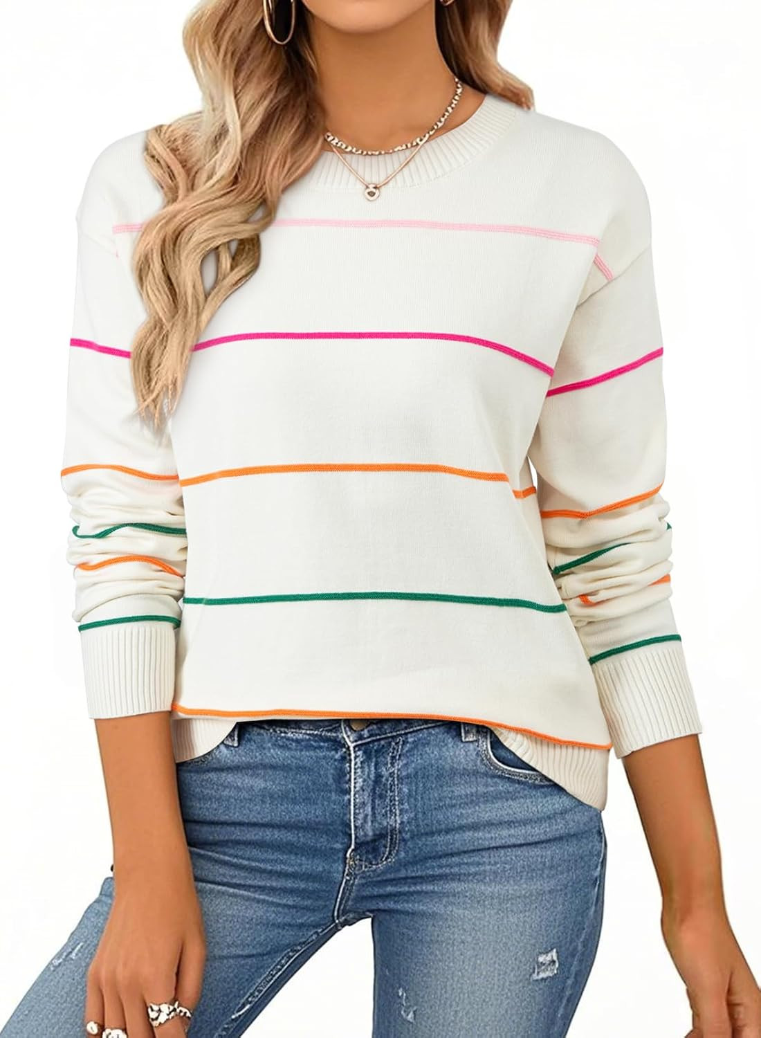 SHEWIN Womens Sweaters Crew Neck Knit Long Sleeve Striped Sweater Fall Outfits for Women 2026 | Amazon (US)