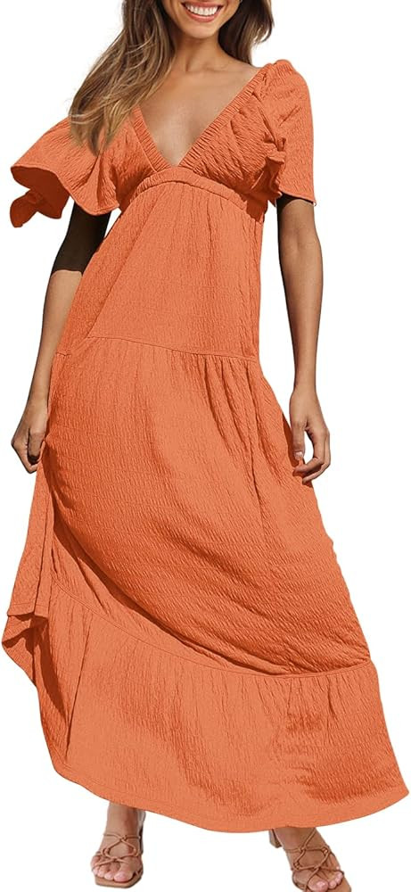 Nirovien Womens Deep V Neck Maxi Dress Backless Casual Boho Long Dress Short Sleeve Tiered Flowy Dre | Amazon (US)