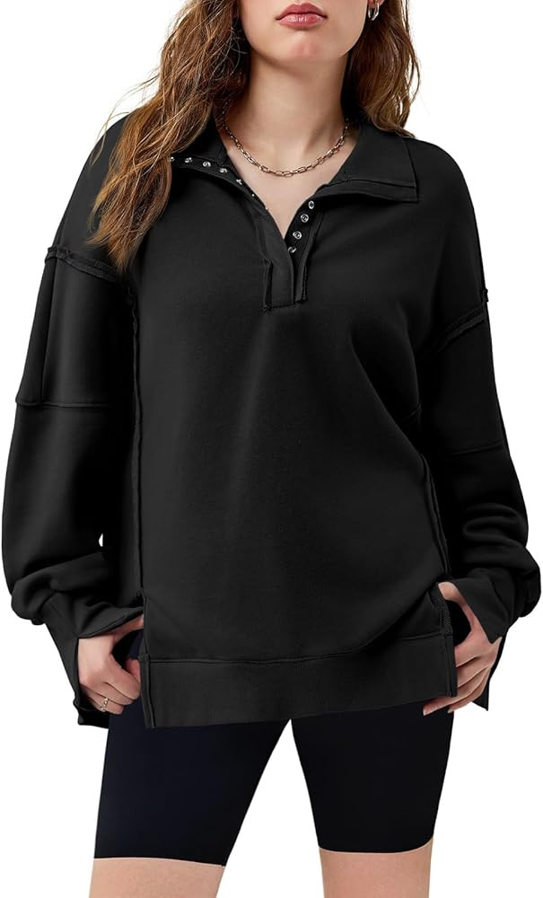 Fisoew Womens Oversized Henley Sweatshirts Half Snap Collared Exposed Seam Long Sleeve Casual Pul... | Amazon (US)