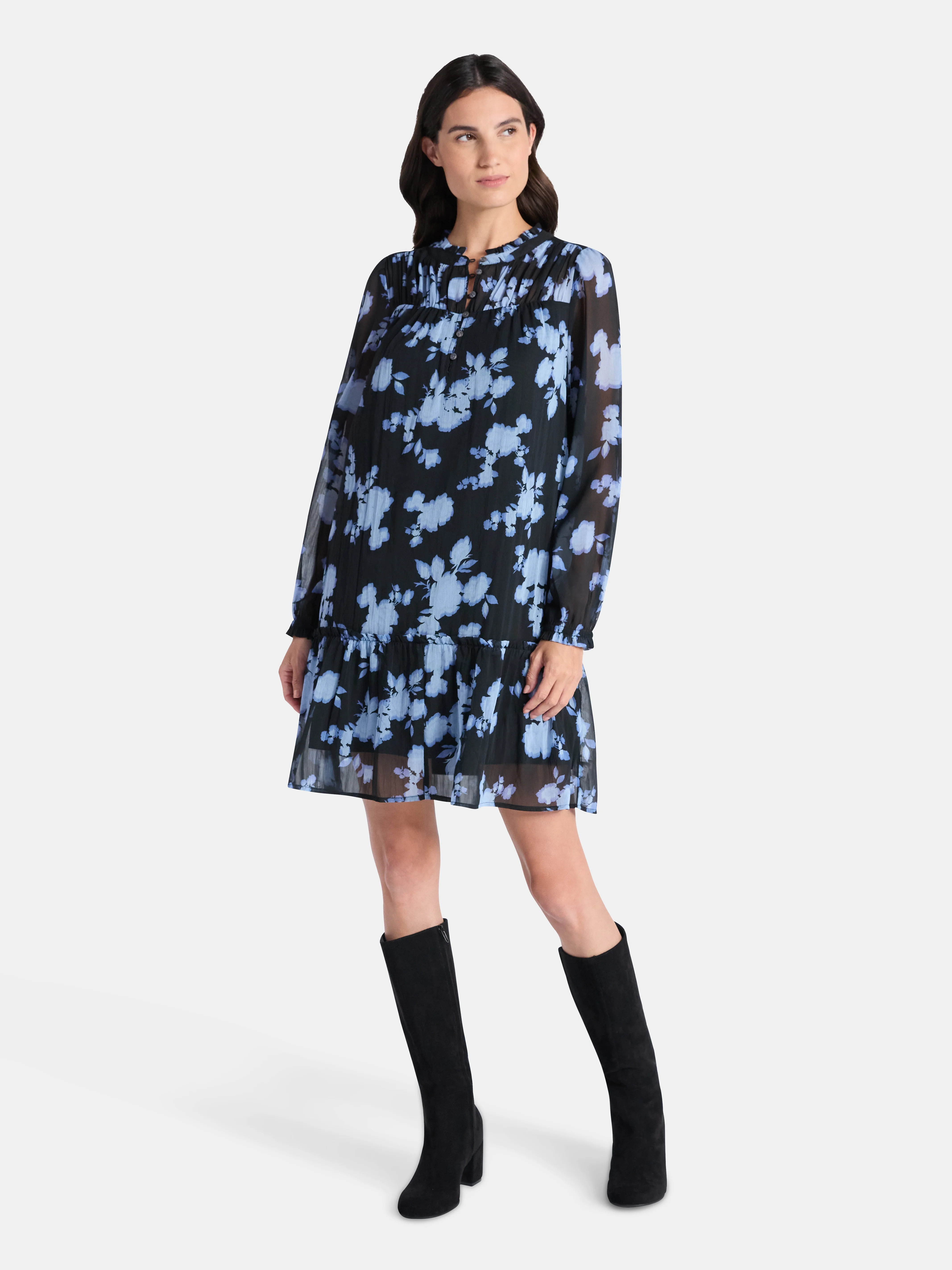 Time and Tru Women's Pintuck Yoke Dress with Long Sleeves, Sizes XS-XXXL | Walmart (US)