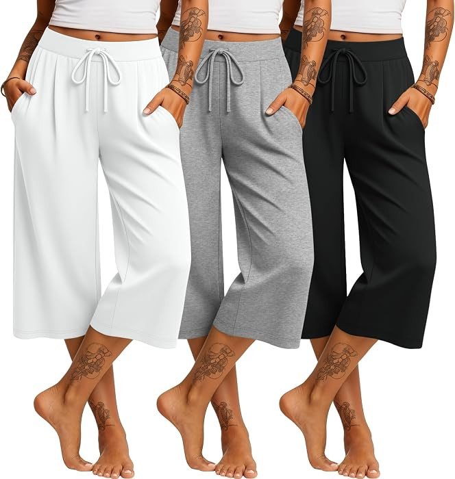 3 Pack Women's Capri Pants Wide Leg | Amazon (US)