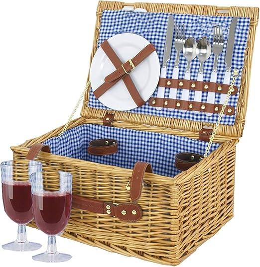 BARGAINS-GALORE NEW 2 PERSON HAMPER BASKET WICKER FAMILY PICNIC HOLDER FOOD CUTLERY SET BLANKET G... | Amazon (UK)