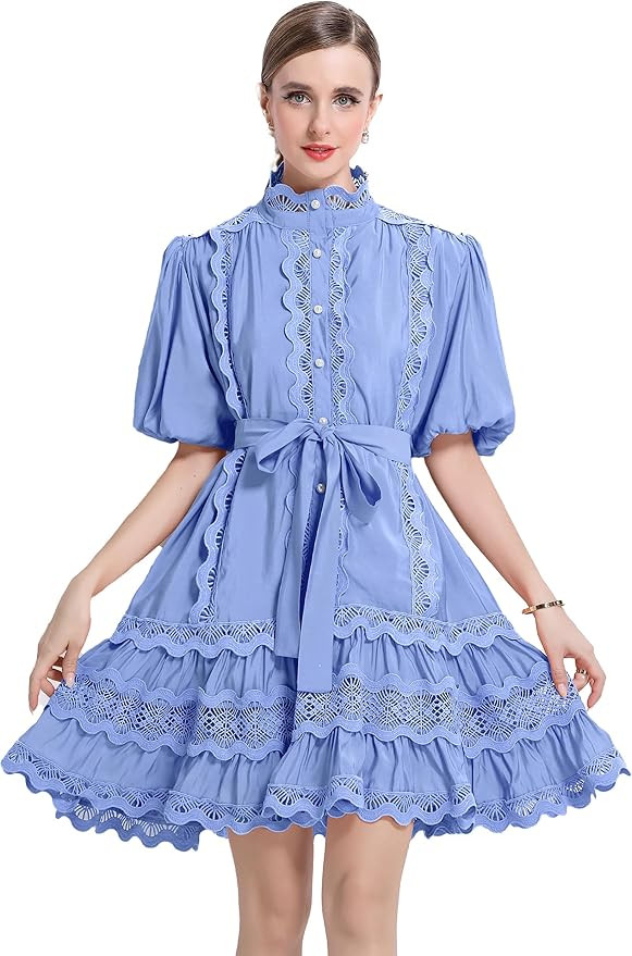 LAI MENG FIVE CATS Women Vintage Mock Neck Puff Sleeve Lace Ruffled Button Loose Mini Dress | Amazon (US)