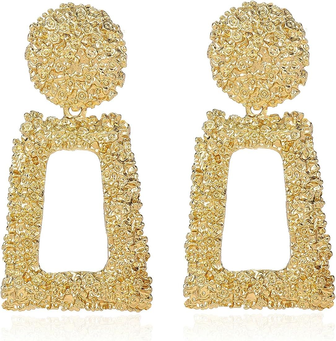 ATIMIGO Statement Drop Earrings Large Metal Rectangle Geometric Dangle Earrings Silver/Gold for W... | Amazon (US)