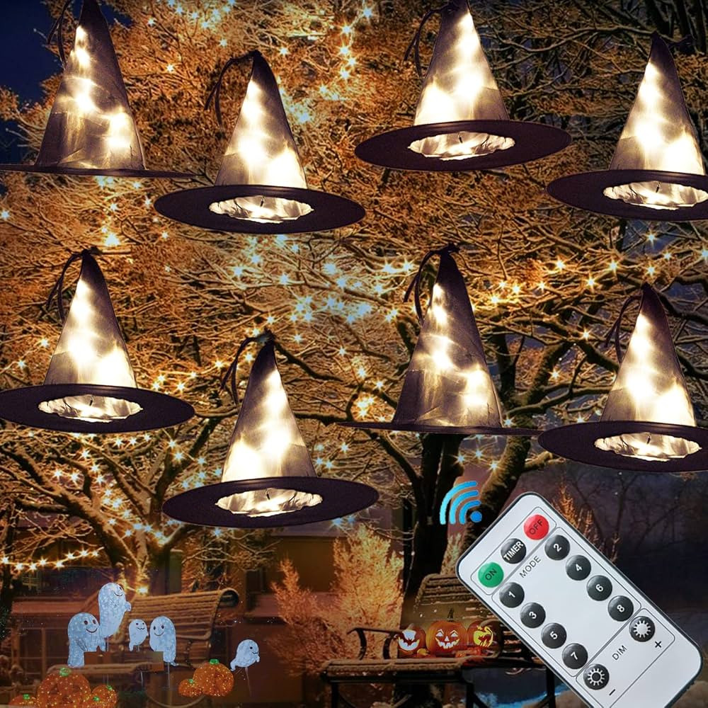 Halloween Decorations Lighted Witch Hats Outdoor, 8Pcs 56 LED Hanging Glowing Witch Hat Lights 17... | Amazon (US)