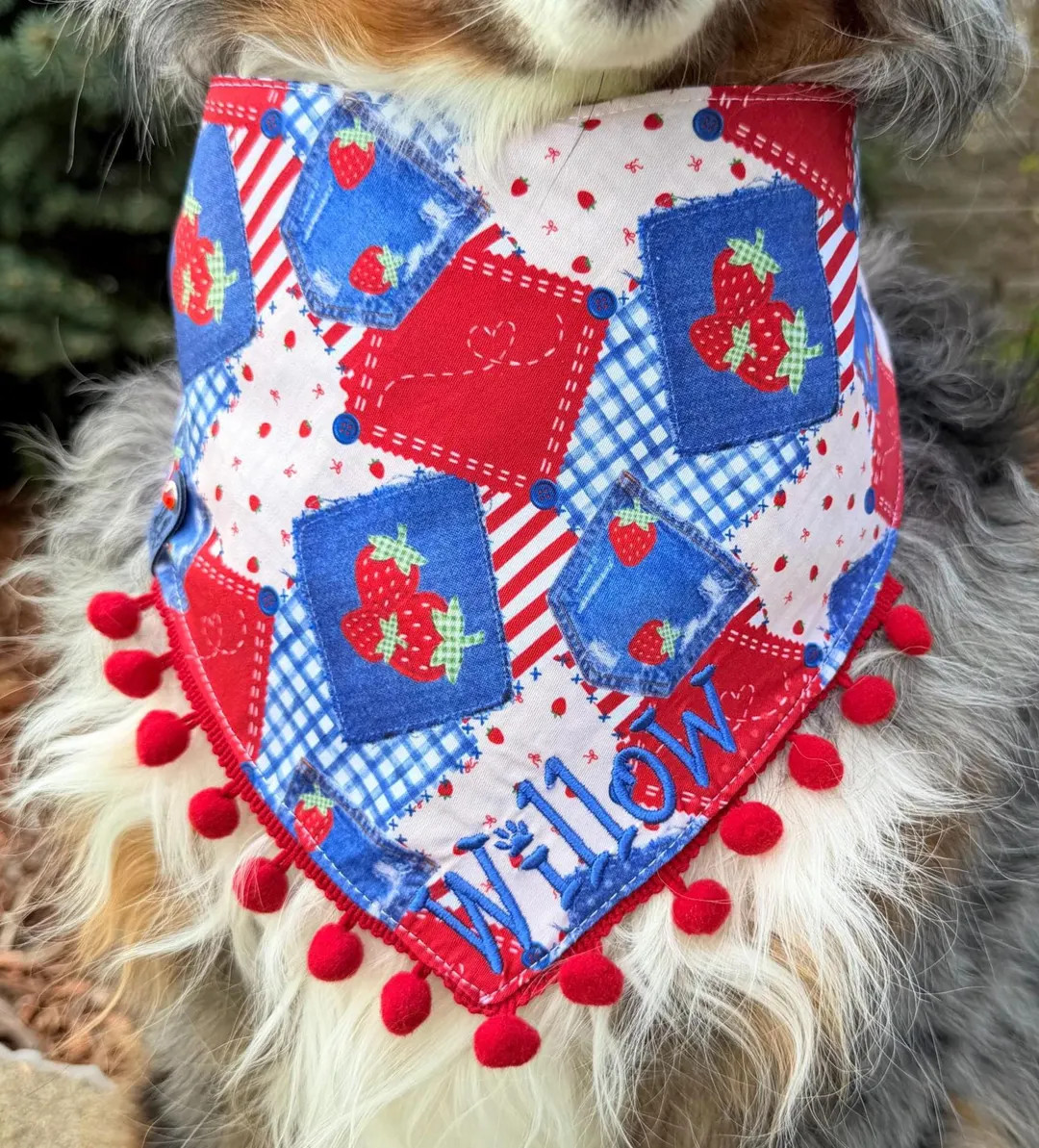 Memorial Day/July 4th Patchwork Strawberries and Denim Reversible Pet Bandana, Tie & Snap Style, ... | Etsy (Global)