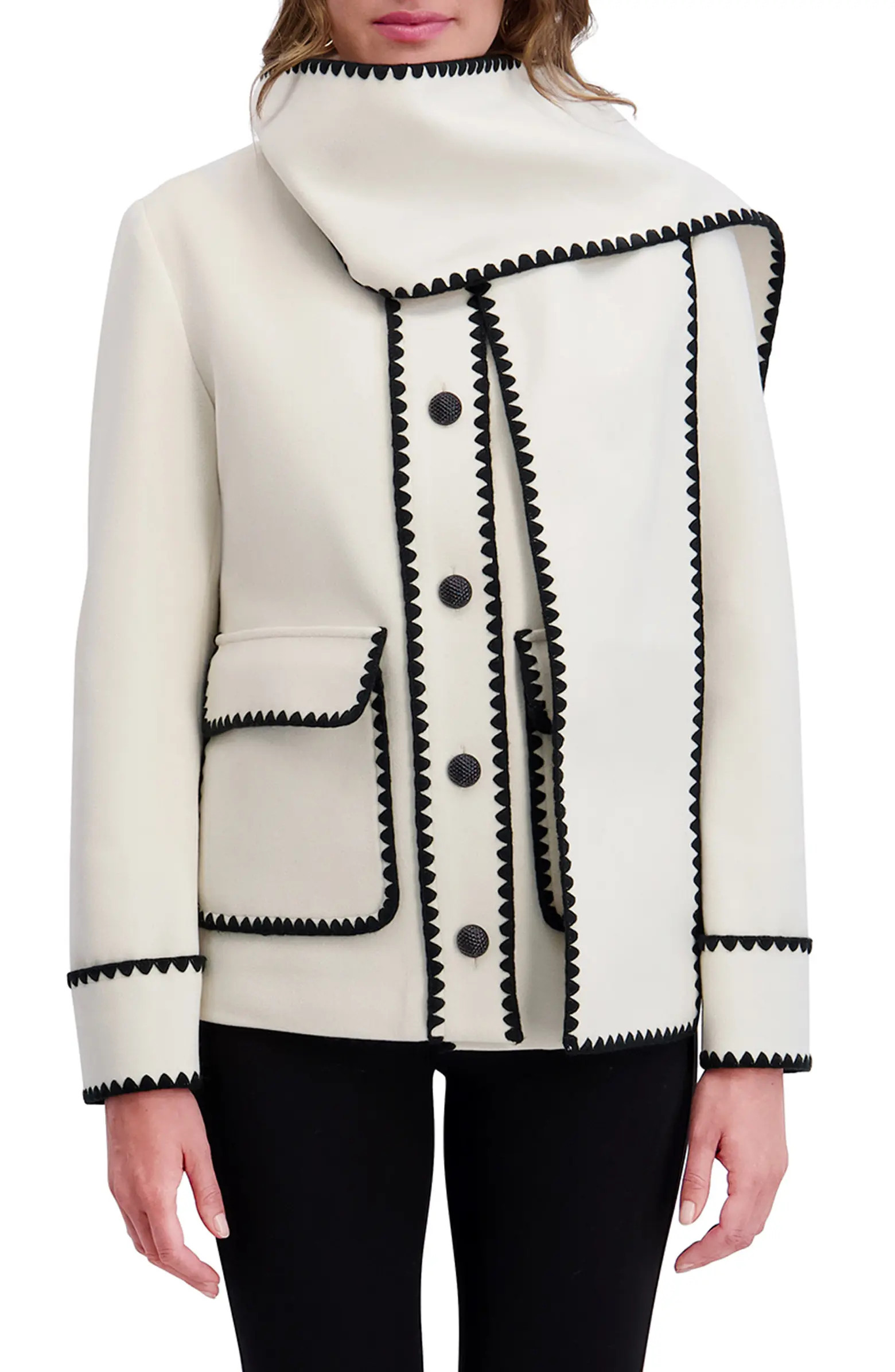Kensie Whipstitch Detail Coat with Attached Scarf | Nordstrom | Nordstrom