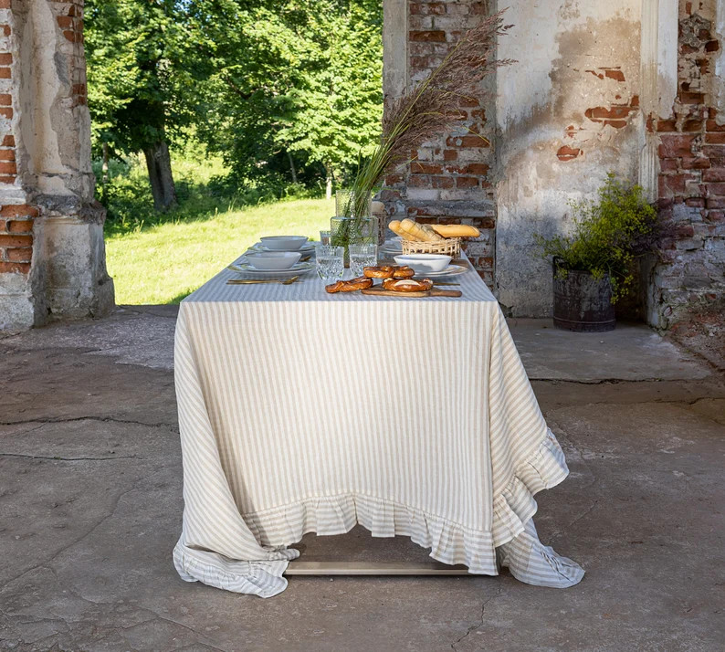 STRIPED Linen Tablecloth Natural Linen Tablecloth With Ruffles-various Colours Dense Light Linen ... | Etsy (US)