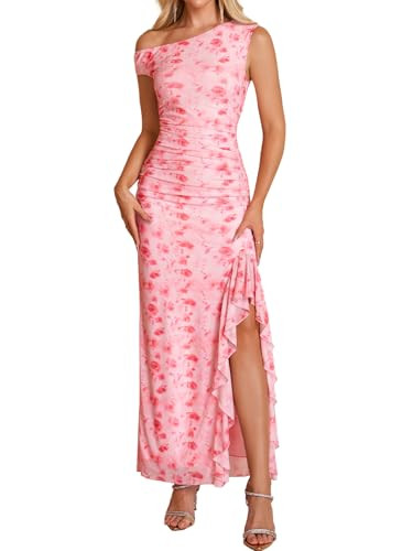 HTZMO One Shoulder Floral Wedding Guest Long Dress Summer Formal Elegant Ruffled Slit Bodycon Max... | Amazon (US)