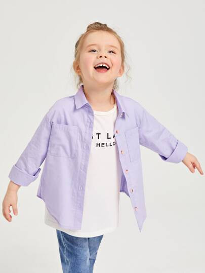 SHEIN Toddler Girls Solid Dual Pocket Button Front Shirt | SHEIN