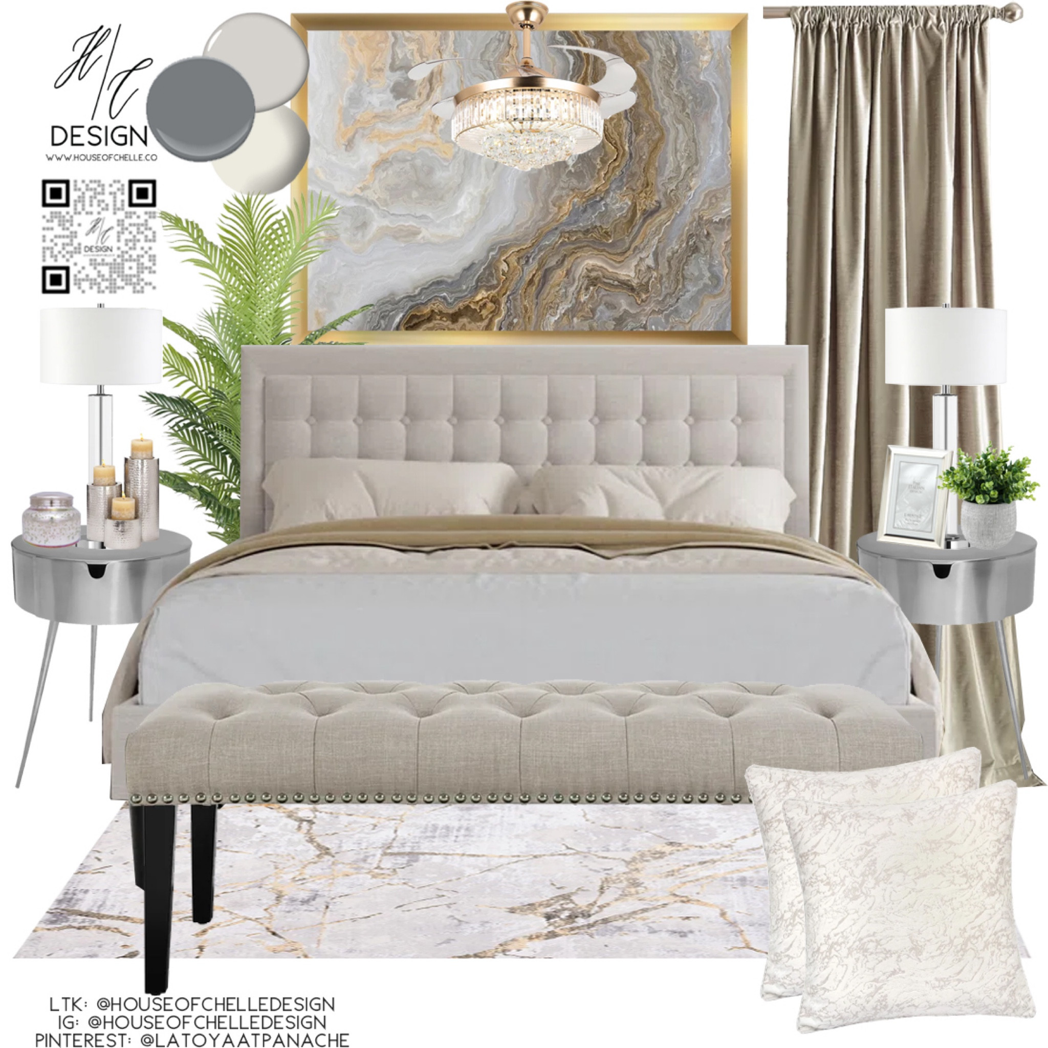 Neutral and Gold Modern Bedroom Decor | bedroom home decor | bedroom moodboard | bedroom concept board | bed, nightstand, bed bench, rug, side tables, side chair, nightstand lamps, table lamps, chandelier, ceiling fan, ceiling light, floor lamp, faux plants, vases, mirror, artwork, pillows, bedding, curtains, window treatments, candle holders, modern home, modern home decor, glam home. #moodboard

#LTKstyletip #LTKfamily #LTKhome