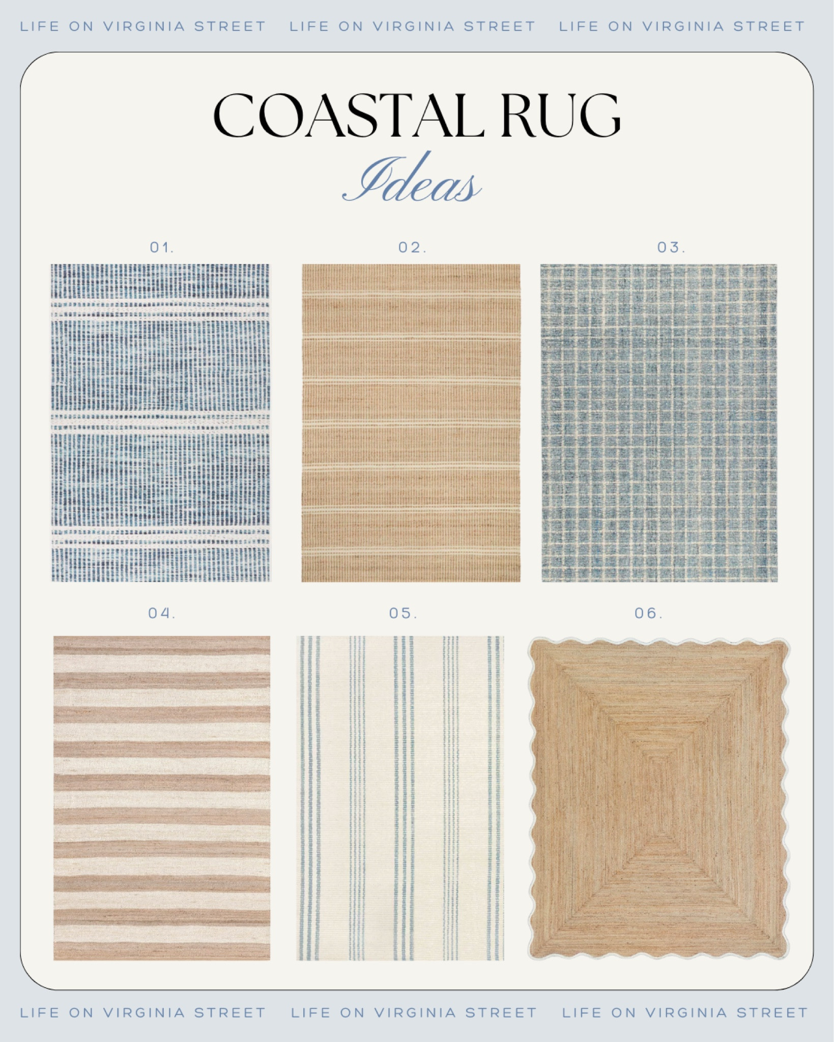 Loving these coastal rug options! Includes striped rugs, jute rugs, and a scalloped rug. Perfect for a beachy living room, dining room or bedroom.
.
#ltkhome #ltksalealert #ltkstyletip #ltkfindsunder100 #ltkseasonal coastal grandmother decor, coastal decor, beach house rugs

#LTKhome #LTKSeasonal #LTKsalealert