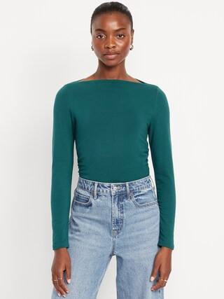 Long-Sleeve Slit-Neck Ruched Top | Old Navy (CA)