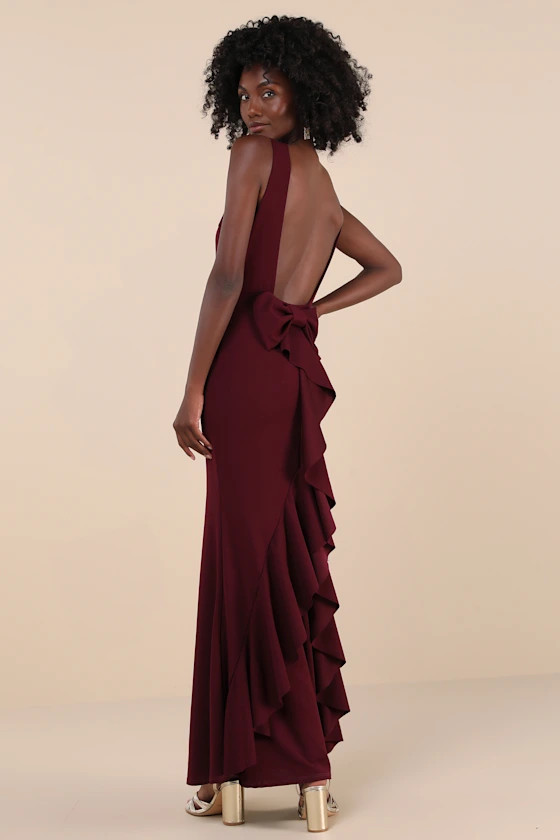 Exquisite Refinement Plum Purple Backless Bow Ruffled Maxi Dress | Lulus