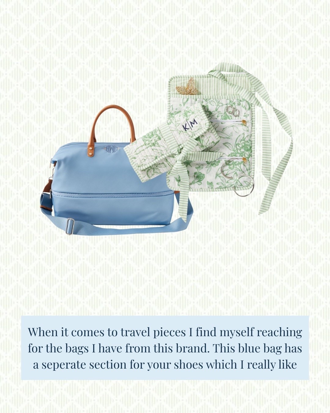 This travel bag Has a separate compartment for shoes and I love that! Also have this jewelry case in another color, but I love the green too ￼