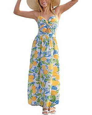 CUPSHE Summer Dress for Women V Neck Sleeveless Floral Cutout Smocked Ruffled Maxi Formal Beach D... | Amazon (US)