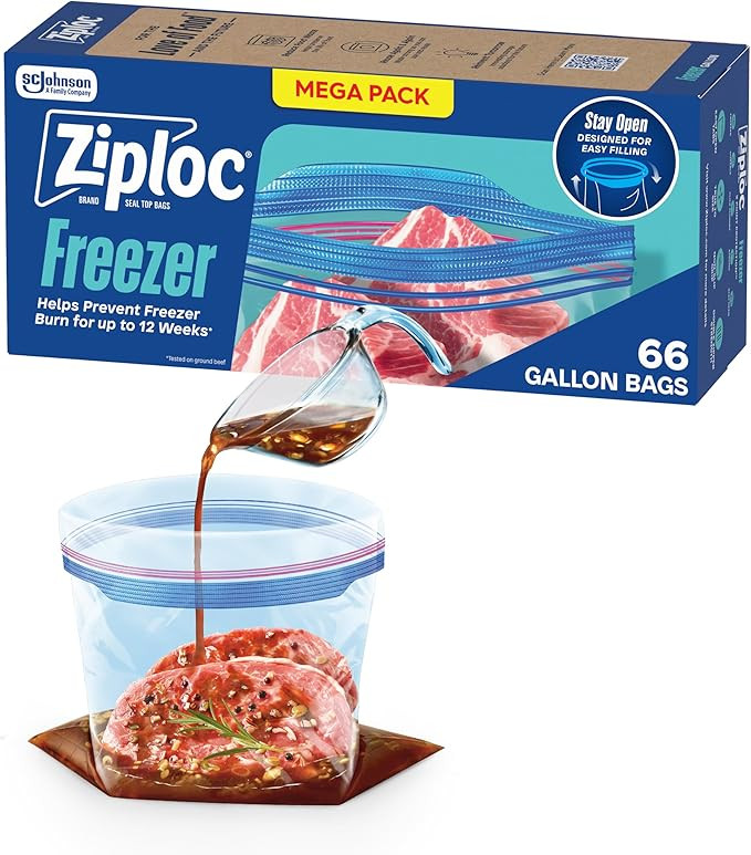 Ziploc Gallon Food Storage Freezer Bags, Stay Open Design, Easy to Fill, 66 Count | Amazon (US)