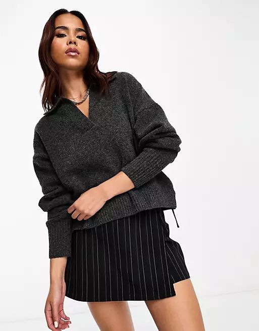 Monki long sleeve collar knitted sweater in dark grey | ASOS (Global)
