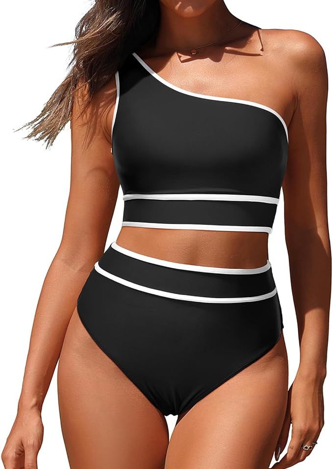 Holipick Women's One Shoulder Bikini Set High Waisted Bathing Suit Color Block Two Piece Swimsuit | Amazon (US)