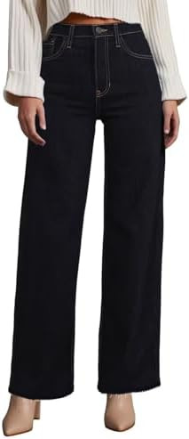 Allimy Women's Straight Leg Flare Jeans High Waisted Strechy Raw Hem Denim Pants | Amazon (US)