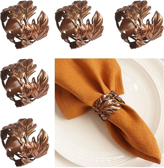 Leaf Shape Napkin Rings Set of 6, Bronze Napkin Rings Metal Napkin Ring Holders for Dinner Party,... | Amazon (US)