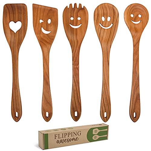 MFC 5-Piece Wooden Cooking Spoons - Kitchen Set from Natural Cherry Wood - Wooden Spoons for Cooking - Funny Utensil Set with Smiley Faces - Cooking Multipurpose Wood Utensils | Amazon (US)
