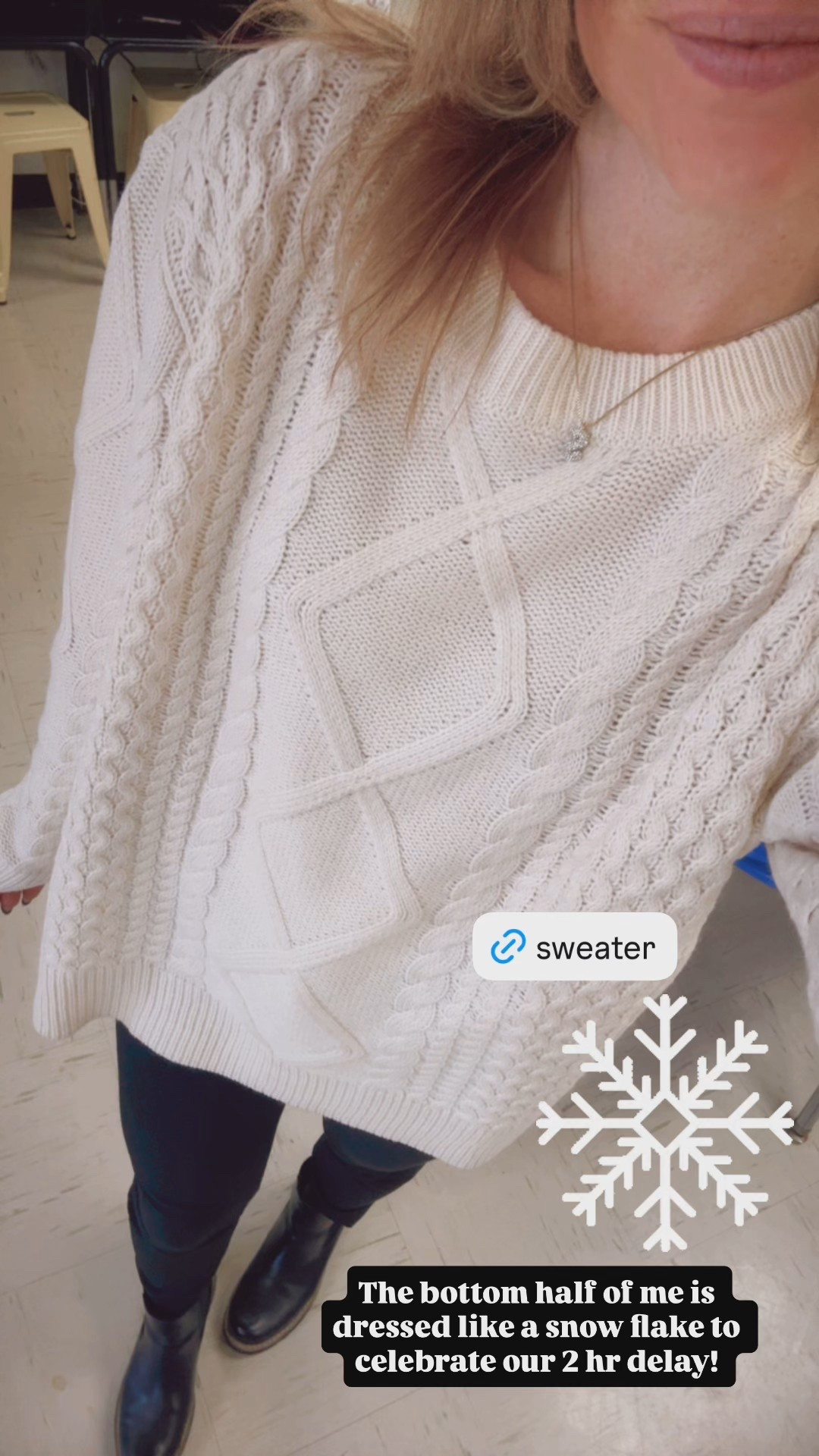 I dressed like a snowflake today for our 2 hr delay! ❄️ wearing size small in this cable knit sweater 