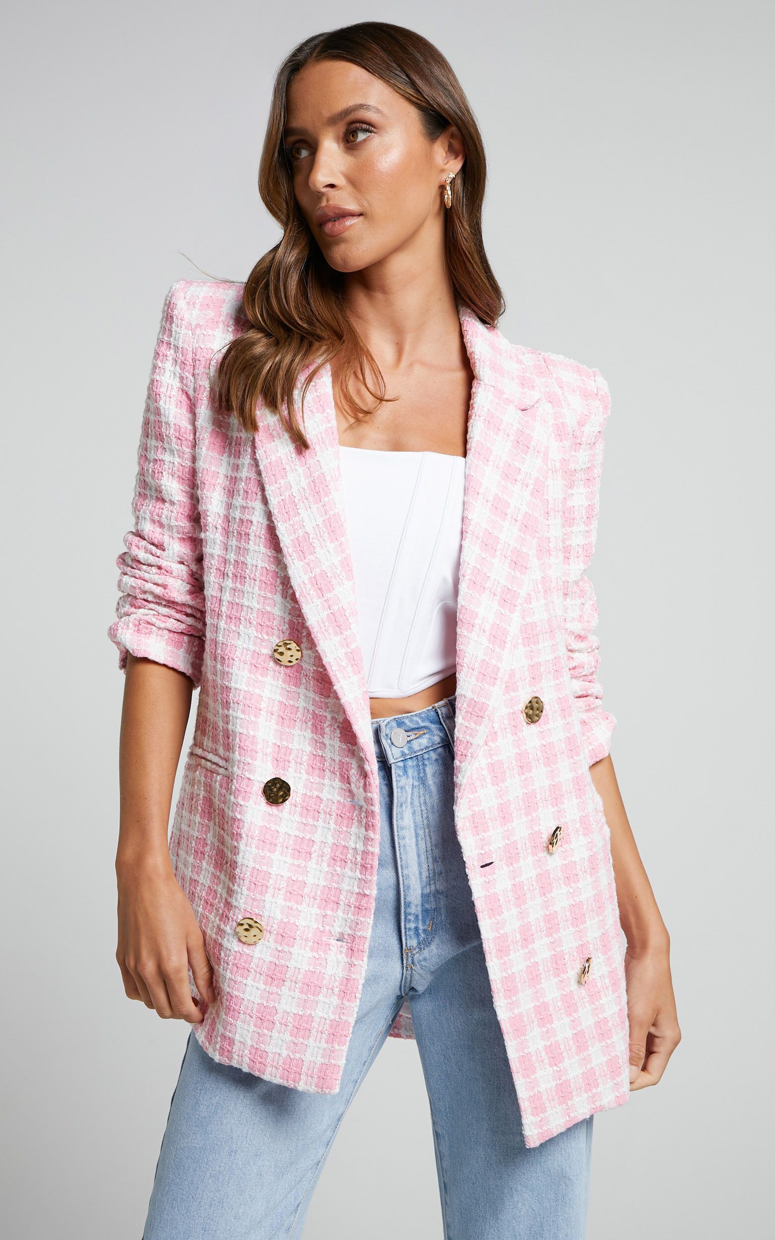 Larence Blazer - Longline Double Breasted Blazer in Pink Check | Showpo (US, UK & Europe)