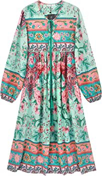 R.Vivimos Women's Long Sleeve Floral Print Retro V Neck Tassel Bohemian Midi Dresses | Amazon (US)