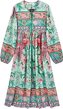 R.Vivimos Women's Long Sleeve Floral Print Retro V Neck Tassel Bohemian Midi Dresses | Amazon (US)