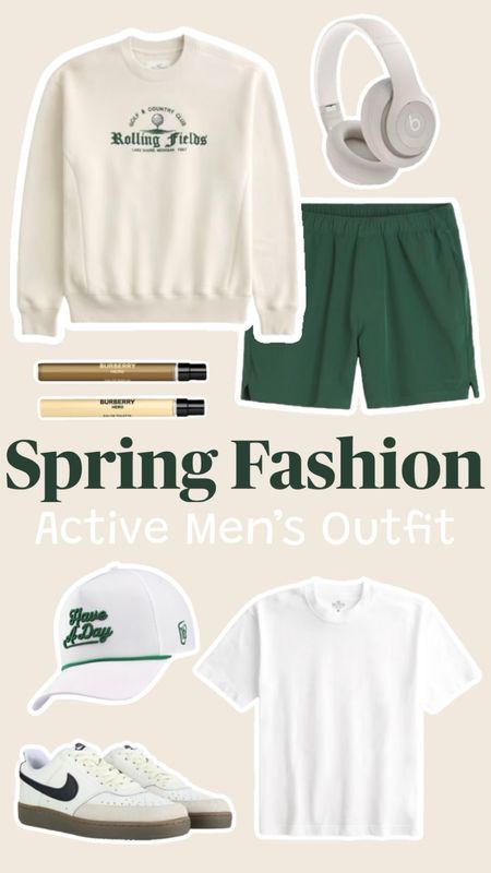 Spring outfit for the active man or older teen boy in your life! 😊🏌️⛳️💚 #mensoutfit #teenboyoutfit #activemensoutfit #mensshorts #menssneakers #mensshoes #nike #hollister #golfhat #sweatshirt #cologne #headphones 