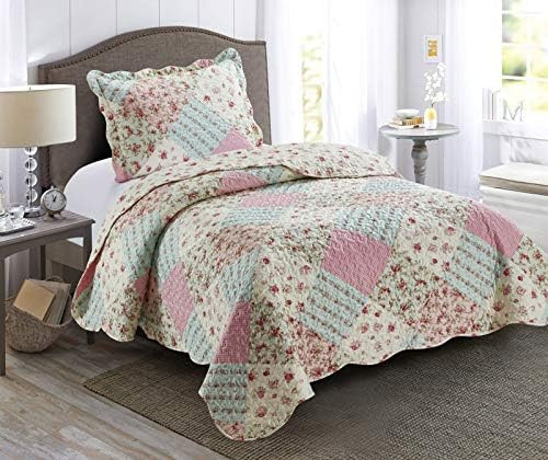 Pink and Green Rose Patchwork, 2-Piece Quilt Set with 1 Sham, Reversible Bedspread, Soft Lightwei... | Amazon (US)