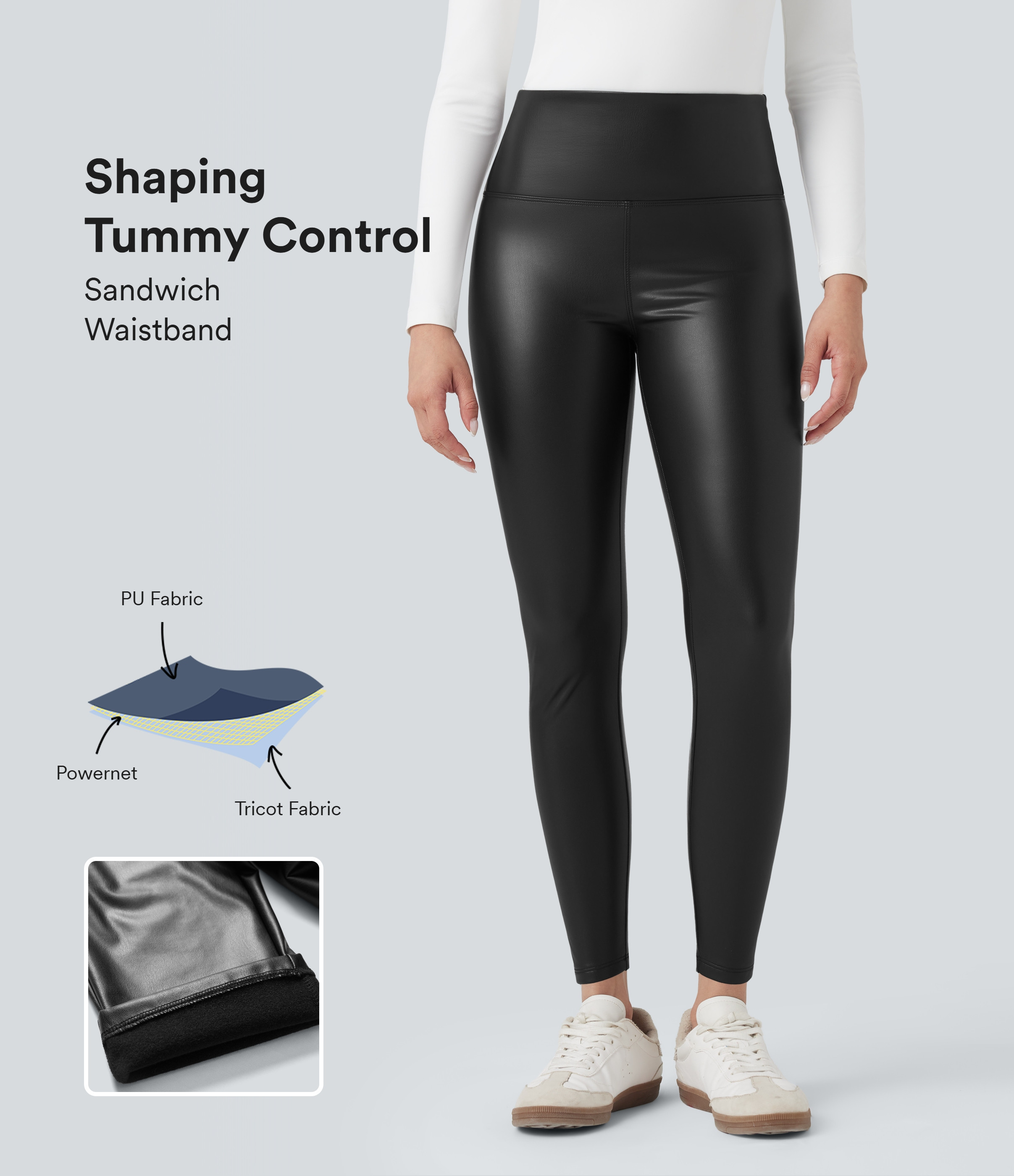 Halara SoCinched High Waisted Tummy Control Stretchy PU Fleece 7/8 Skinny Casual Leggings with Pockets - Black - S(7/8) | HALARA