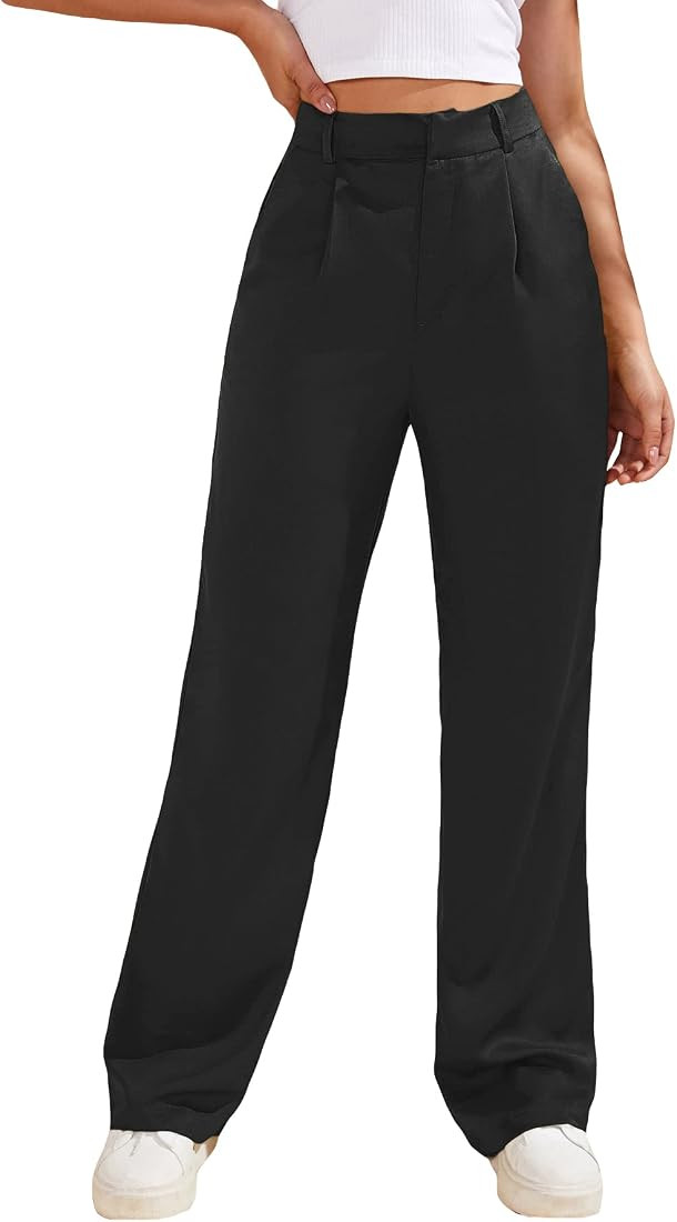 MakeMeChic Women's Satin Silk High Waisted Wide Leg Pants with Pockets | Amazon (US)