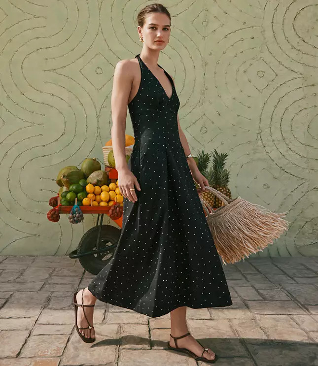 Dotted Linen Cotton Midi Pocket Halter Dress | LOFT