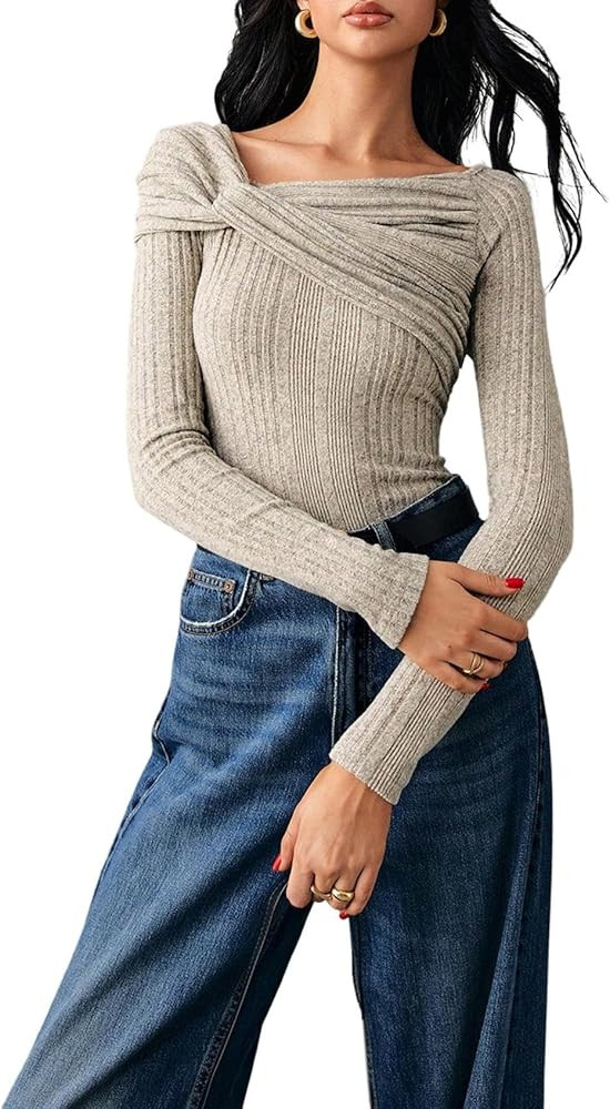 SweatyRocks Women's Twist Front Slim Fitted Tops Ribbed Knit Winter Pullover Sweater | Amazon (US)