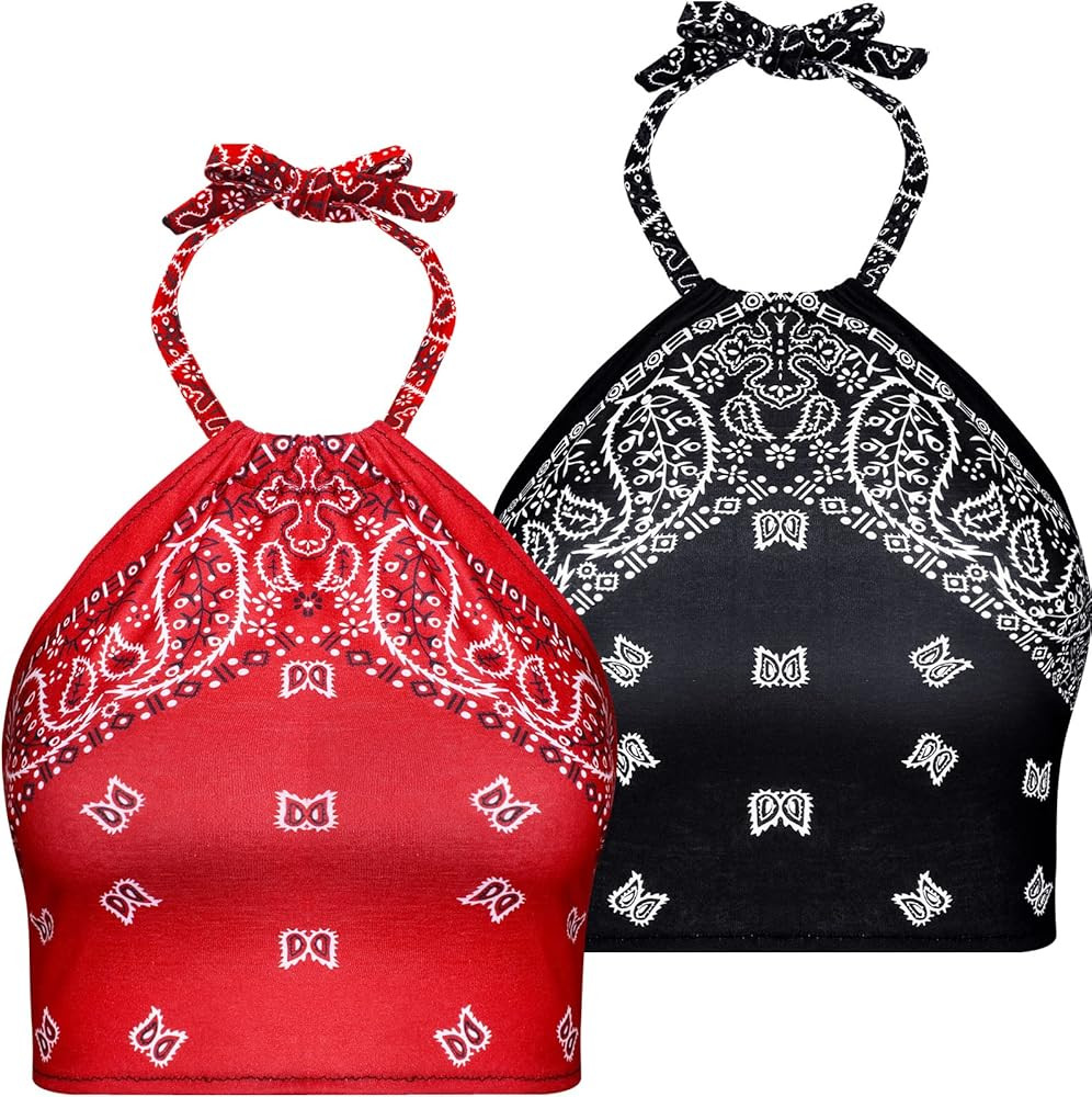 2 Pieces Women's Paisley Halter Top Vintage Tie Dye Bandana Top Backless Tie Knot Halter Cami Cro... | Amazon (US)