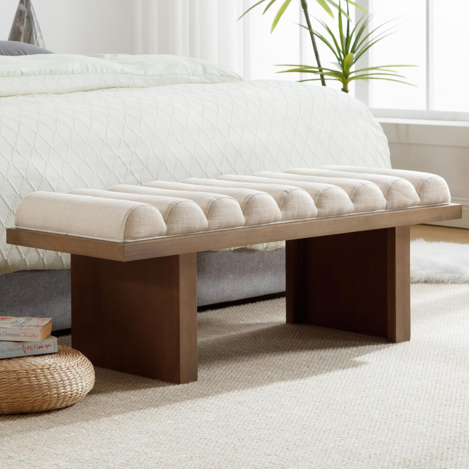 Ya-Home Modern Bedroom Bench, 47 Inch Upholstered End of Bed Bench Padded Entryway Bench with Cylindrical Cushion/Natural Wood Legs, Wooden Ottoman Bench for Living Room, Hallway, Linen Beige | Amazon (US)