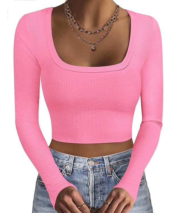 Ekouaer Womens Long Sleeve Square Neck Crop Top Ribbed Slim Fitted Going Out Y2K Tops Casual Basi... | Amazon (US)