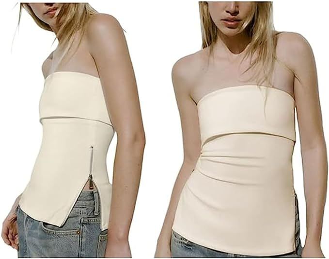 LOFAAC Women Sexy Strapless Zipper Split Side Knit Bandeau Tube Top Y2K Slim Sleeveless Backless ... | Amazon (US)
