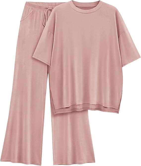Womens Lounge Set 2026 Summer 2 Piece Outfits Oversized Short Sleeve Tops & Wide Leg Pant Matchin... | Amazon (US)