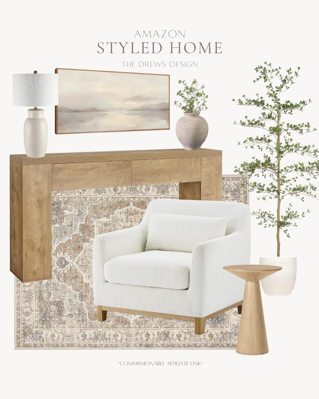 Styled home includes accent chair, side table, area rug, planter, faux tree, console, vase, greenery stems, table lamp, and wall art.

Home decor, looks for less, styled home 

#LTKSaleAlert #LTKHome #LTKvlog